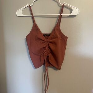 ZARA Brown tank top with ruched detailing in the middle, tie-up, fits XS-M